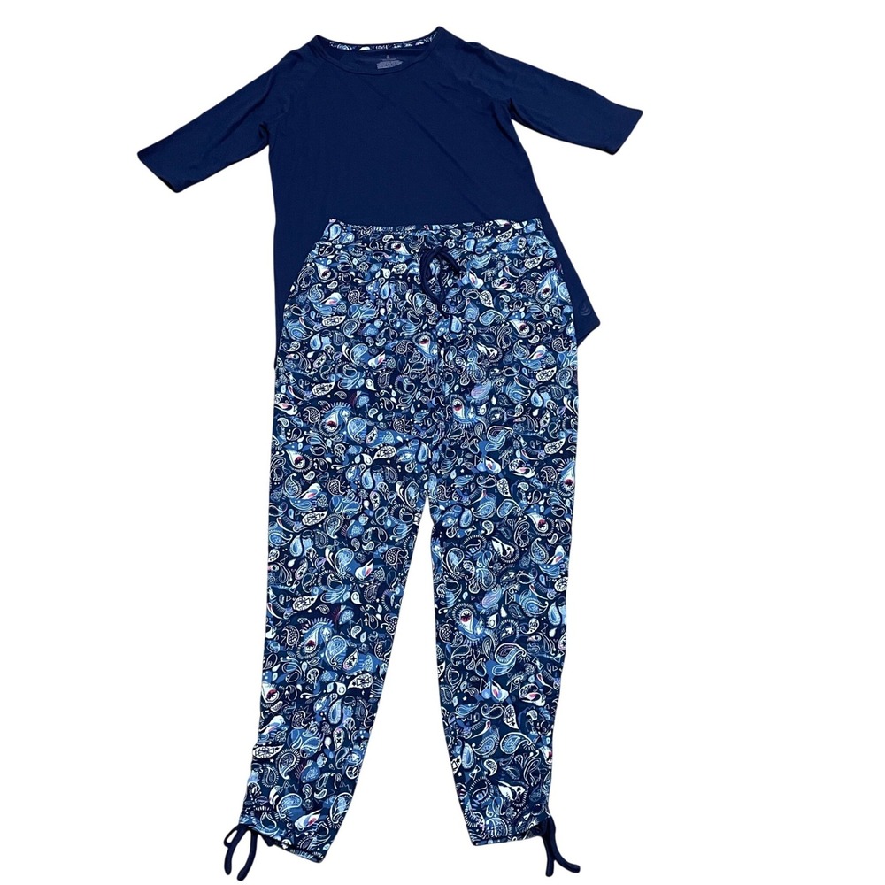 Cuddl Duds Smart Comfort Women's XS Navy‎ Blue Paisley 2pc Pajama Set Tie Ankle